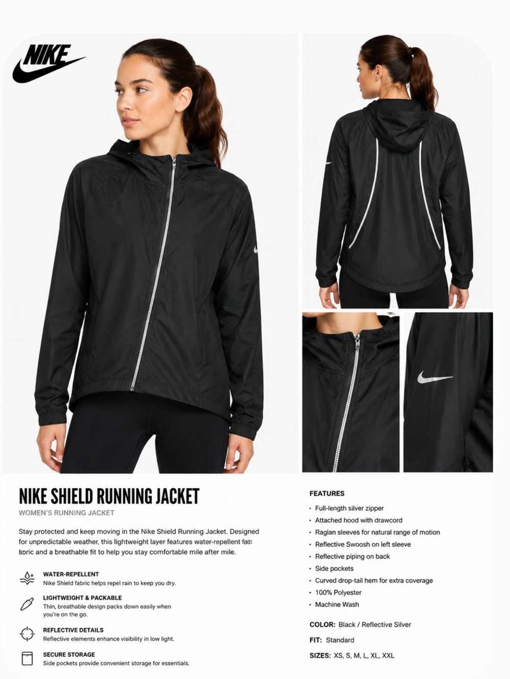 Nike Black Shield Running Jacket with Reflective Silver Accents